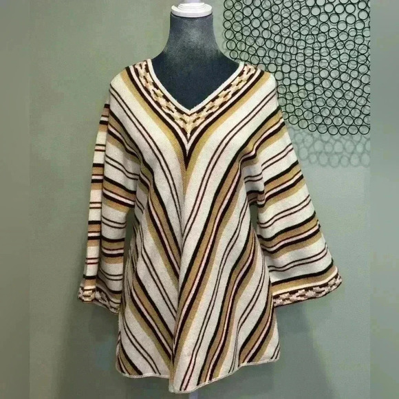 Cuddle Knit Vintage Cream Striped Brown, Black V-Neck Sweater- Size Medium - Picture 4 of 5